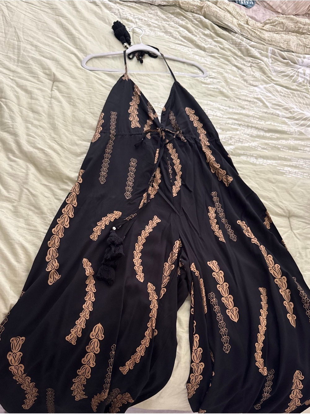 Kahulale’a Black & Gold Crown Flower Halter Wide-Leg Romper